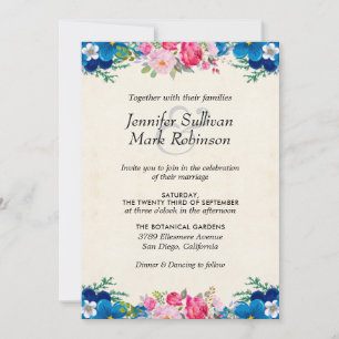 Pretty Pink and Blue Flower Border Wedding Invitation