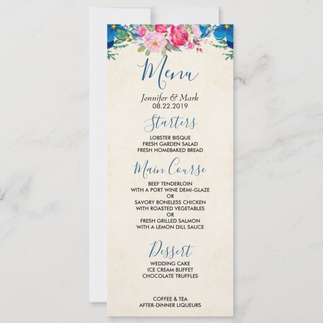 Pretty Pink and Blue Flower Border Wedding Menu Invitation (Front)