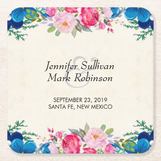 Pretty Pink and Blue Flower Border Wedding Square Paper Coaster (Front)