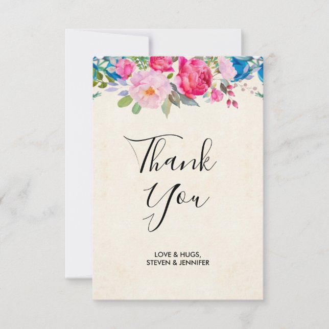 Pretty Pink and Blue Flower Border Wedding Thank You Card (Front)