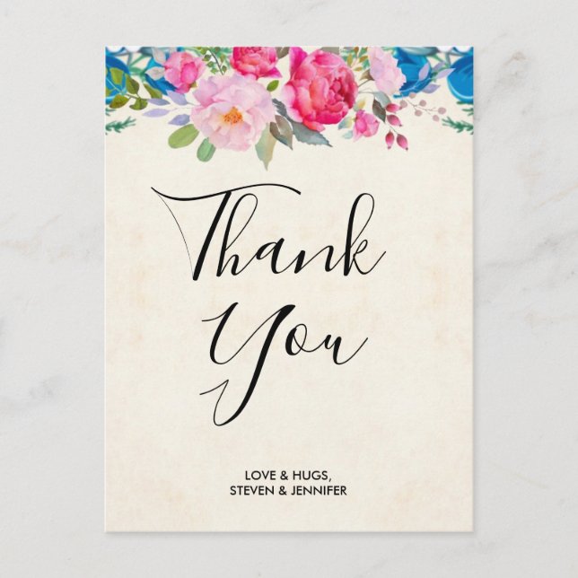 Pretty Pink and Blue Flower Border Wedding Thanks Postcard (Front)