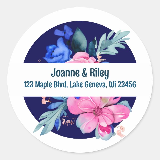 Pretty Pink and Blue Flowers Personalised Classic Round Sticker (Front)