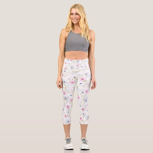 Pretty Pink And Blue Pastel Flowers Capri Leggings (Front)