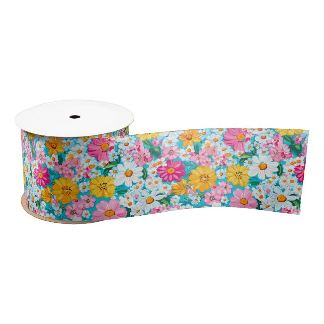 Pretty Pink and Blue Retro Floral  Satin Ribbon (Spool)