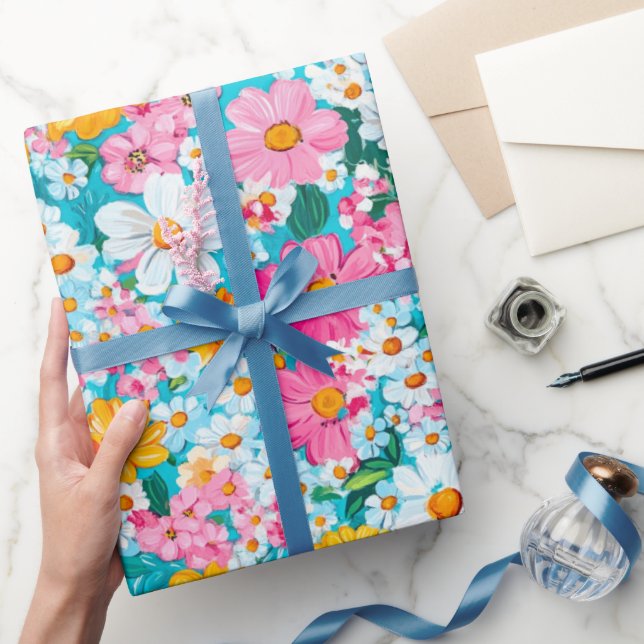 Pretty Pink and Blue Retro Floral  Wrapping Paper (Gifting)