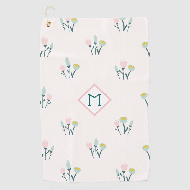 Pretty Pink and Blue Spring Flowers Monogram Golf Towel (Front)