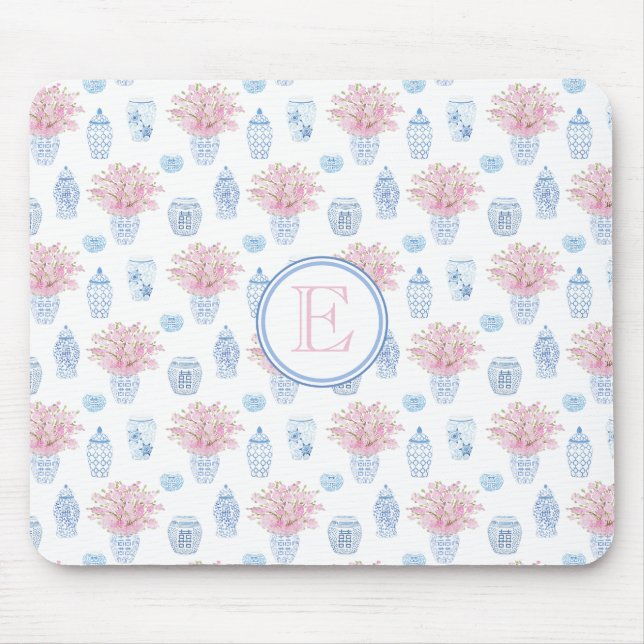Pretty Pink And Blue Watercolor Chinoiserie Mouse Mat (Front)