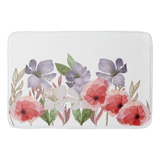 Pretty Pink and Blue Watercolor Flowers Bath Mat (Front)