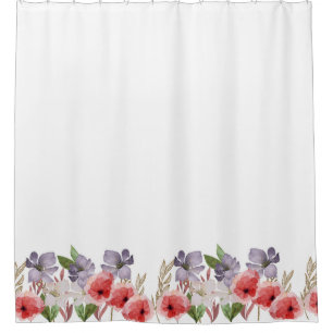 Pretty Pink and Blue Watercolor Flowers Border Shower Curtain
