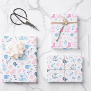 Pretty pink and Blue Winter Snow Wrapping Paper Sheet