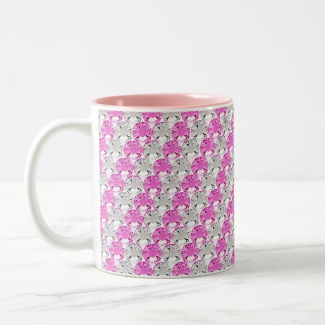 Pretty Pink and Clear Rhinestone Stripe Design Two-Tone Coffee Mug (Left)