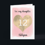 Pretty Pink and Gold 12th Birthday Daughter Card<br><div class="desc">A personalized pink and gold daughter 12th birthday card that features a gold heart against pink watercolor. You can personalize gold heart with the age you need and add her name underneath the heart. The inside message can be easily edited if wanted. The back of the card says Happy Birthday,...</div>