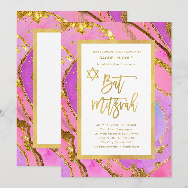 Pretty Pink and Gold Geode | Bat Mitzvah Invitation (Front/Back)
