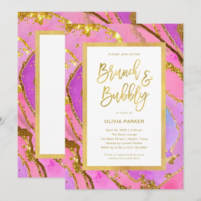 Pretty Pink and Gold Geode | Brunch and Bubbly Invitation (Front/Back)