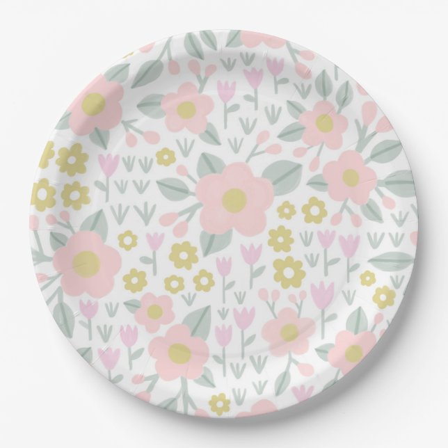 Pretty Pink and Gold Girly Floral Pattern Paper Plate (Front)