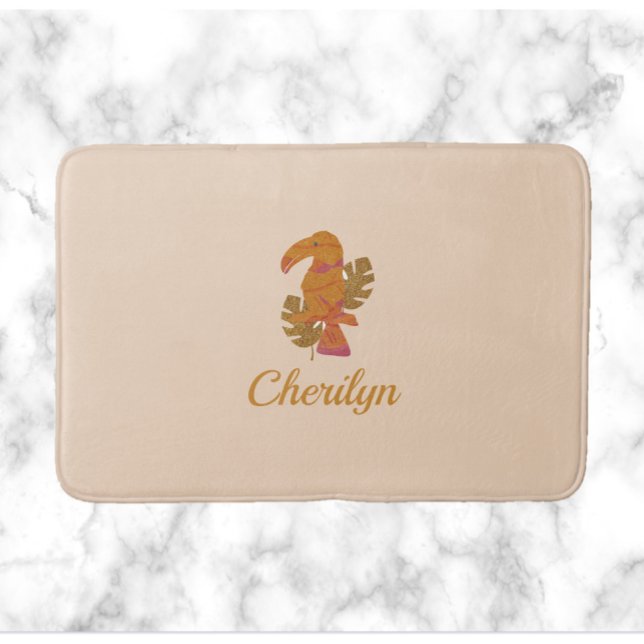 Pretty Pink and Gold Glitter Tropical Toucan Bird Bath Mat (Creator Uploaded)