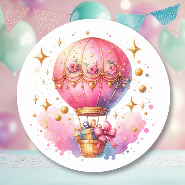 Pretty Pink and Gold Hot Air Balloons  Classic Round Sticker (Creator Uploaded)