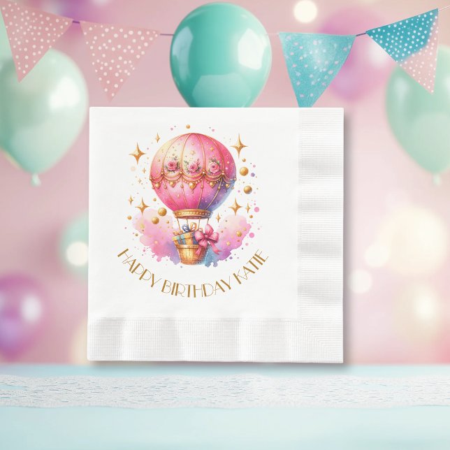 Pretty Pink and Gold Hot Air Balloons Personalised Napkin (Creator Uploaded)