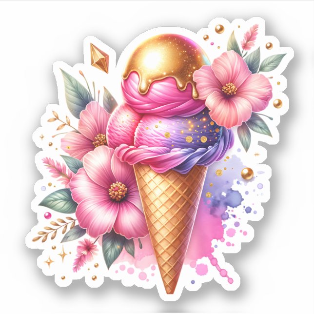 Pretty Pink and Gold Ice Cream Cone Birthday (Front)