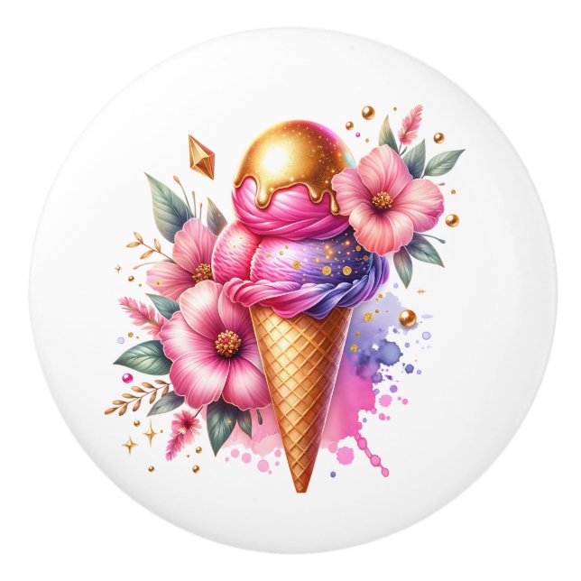 Pretty Pink and Gold Ice Cream Cone Birthday Ceramic Knob (Front)
