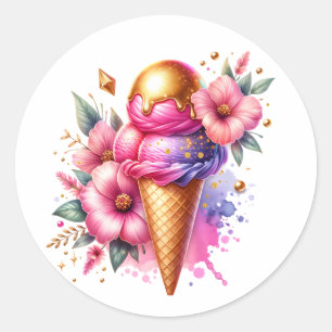 Pretty Pink and Gold Ice Cream Cone Birthday Classic Round Sticker