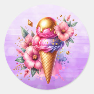 Pretty Pink and Gold Ice Cream Cone Birthday Classic Round Sticker