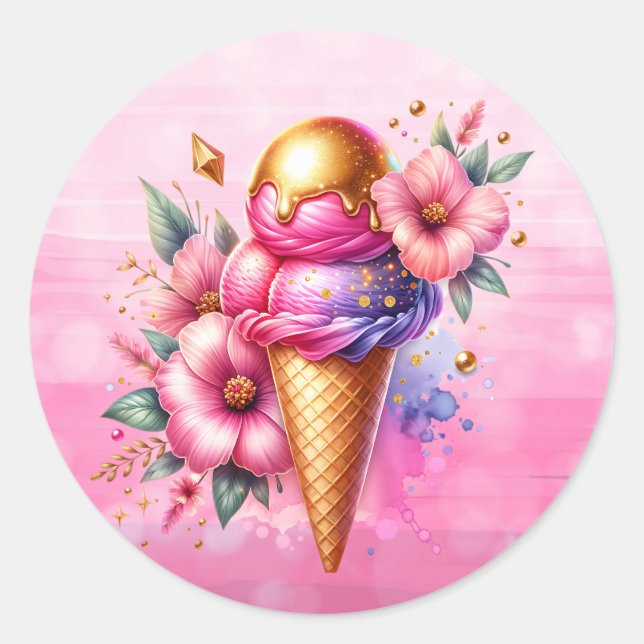 Pretty Pink and Gold Ice Cream Cone Birthday Classic Round Sticker (Front)