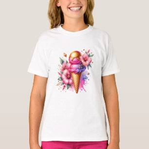 Pretty Pink and Gold Ice Cream Cone Floral T-Shirt