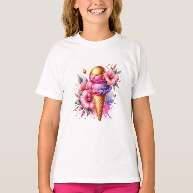 Pretty Pink and Gold Ice Cream Cone Floral T-Shirt (Front)