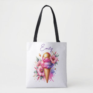 Pretty Pink and Gold Ice Cream Cone Floral Tote Bag