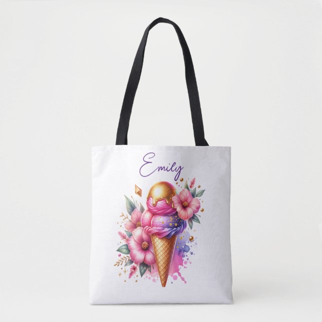 Pretty Pink and Gold Ice Cream Cone Floral Tote Bag (Front)