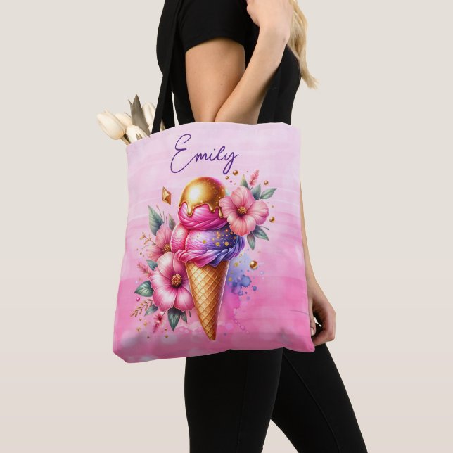 Pretty Pink and Gold Ice Cream Cone Floral Tote Bag (Close Up)