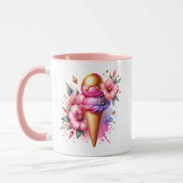 Pretty Pink and Gold Ice Cream Cone Personalised Mug (Left)