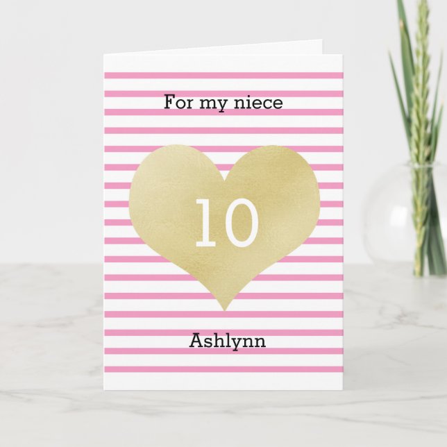 Pretty Pink and Gold Niece 10th Birthday Card (Front)