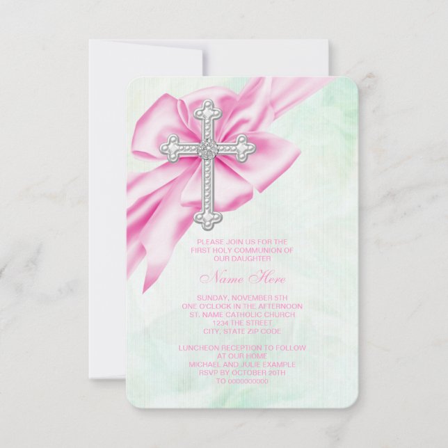 Pretty Pink and Green First Communion Invitation (Front)