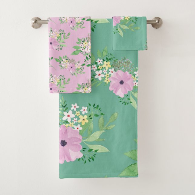 Pretty Pink and Green Floral Bath Towel Set (Insitu)