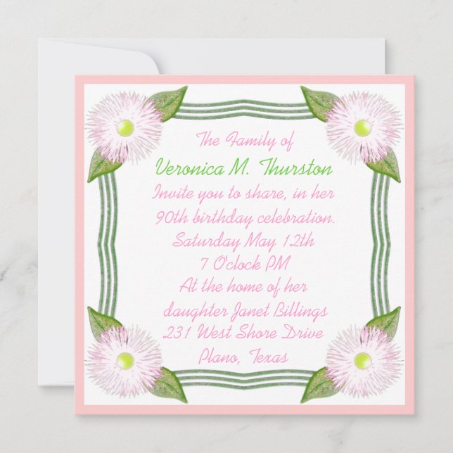 Pretty Pink and Green Floral Birthday Invitation (Front)