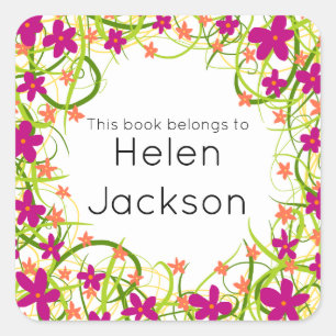 Pretty pink and green floral book name sticker