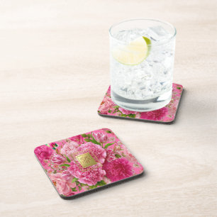Pretty Pink and Green Floral Monogram Party Coaste Coaster