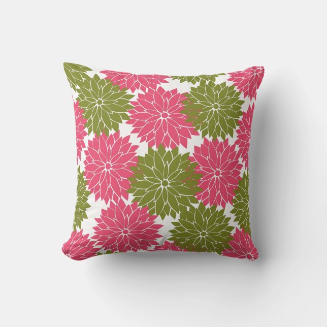 Pretty Pink and Green Flower Blossoms Floral Print Cushion (Front)