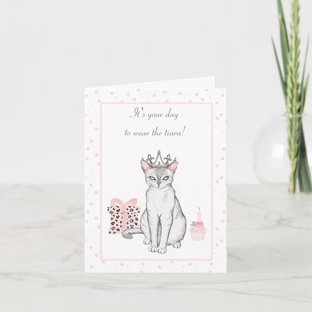 Pretty Pink and Grey Cat in a Tiara Birthday Card (Front)
