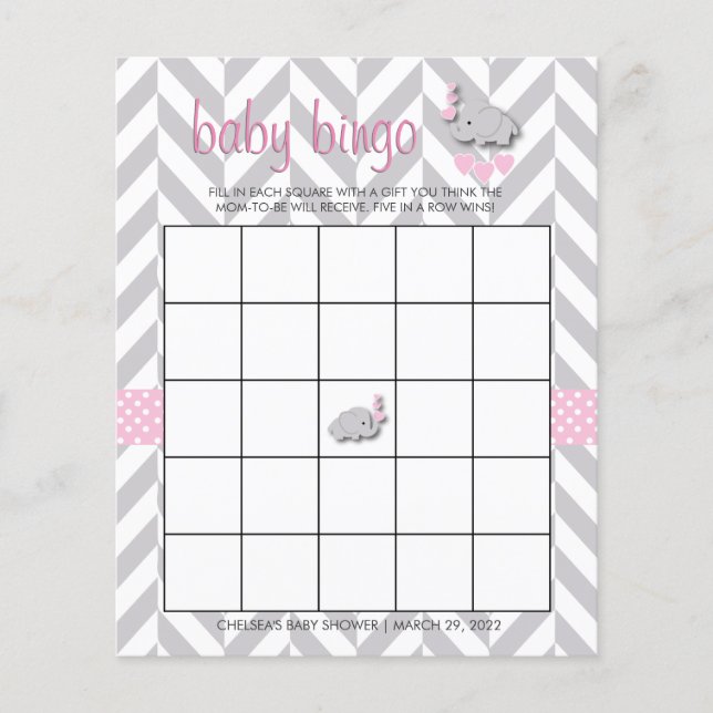 Pretty Pink and Grey Elephant Baby Shower Bingo (Front)