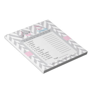 Pretty Pink and Grey Elephant Baby Shower Scramble Notepad