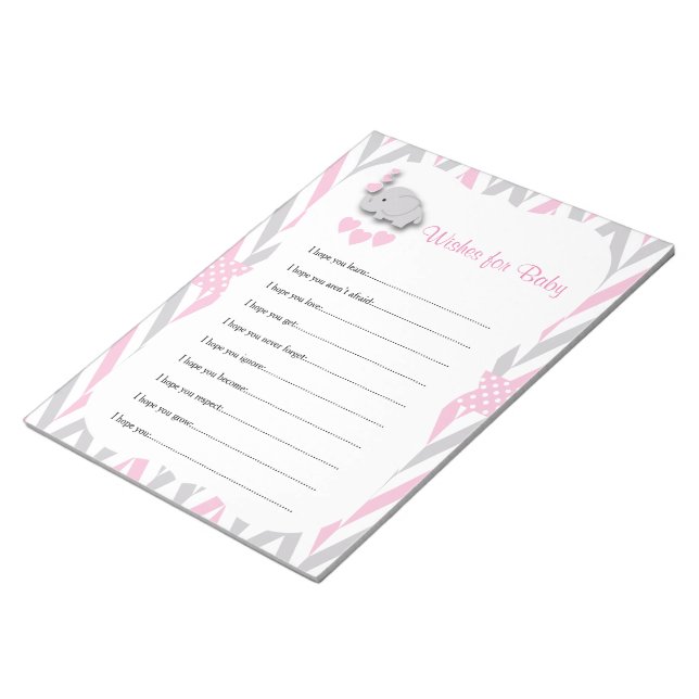 Pretty Pink and Grey Elephant Baby Wishes 2 Notepad (Angled)