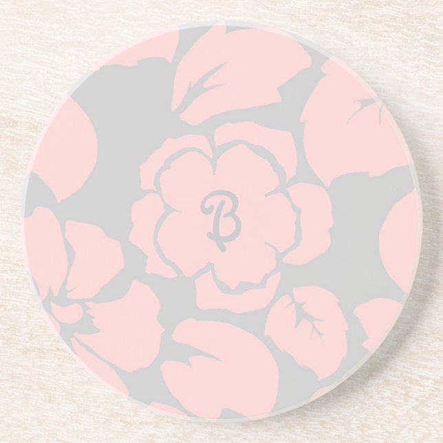 Pretty Pink and Grey Floral Monogram Coaster (Front)