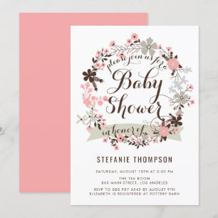 Pretty Pink and Grey Floral Wreath Baby Shower Invitation