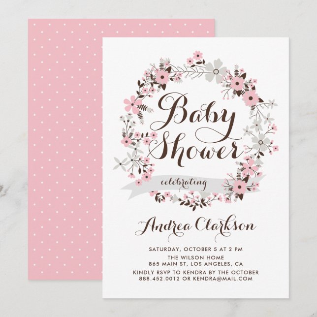 Pretty Pink and Grey Floral Wreath Baby Shower Invitation (Front/Back)