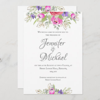 pretty, pink and lilac watercolour  tulip floral invitation