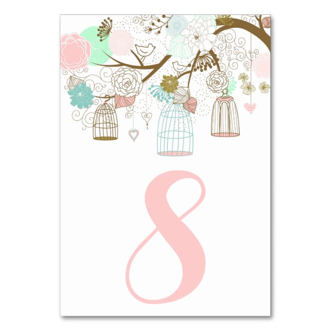 Pretty Pink and Mint Birdcages Table Numbers I (Front)