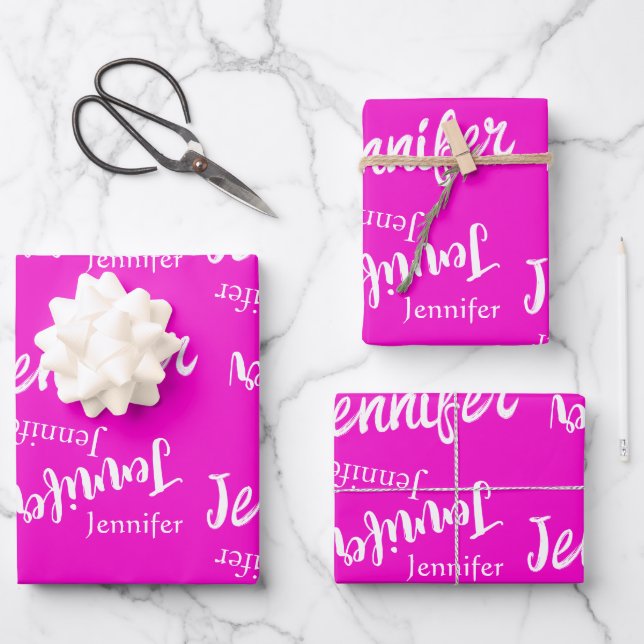 Pretty pink and modern name pattern wrapping paper sheet (Front)